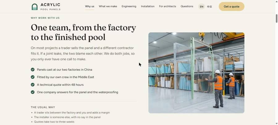 Why work with us section of the Acrylicpoolpanels.com site
